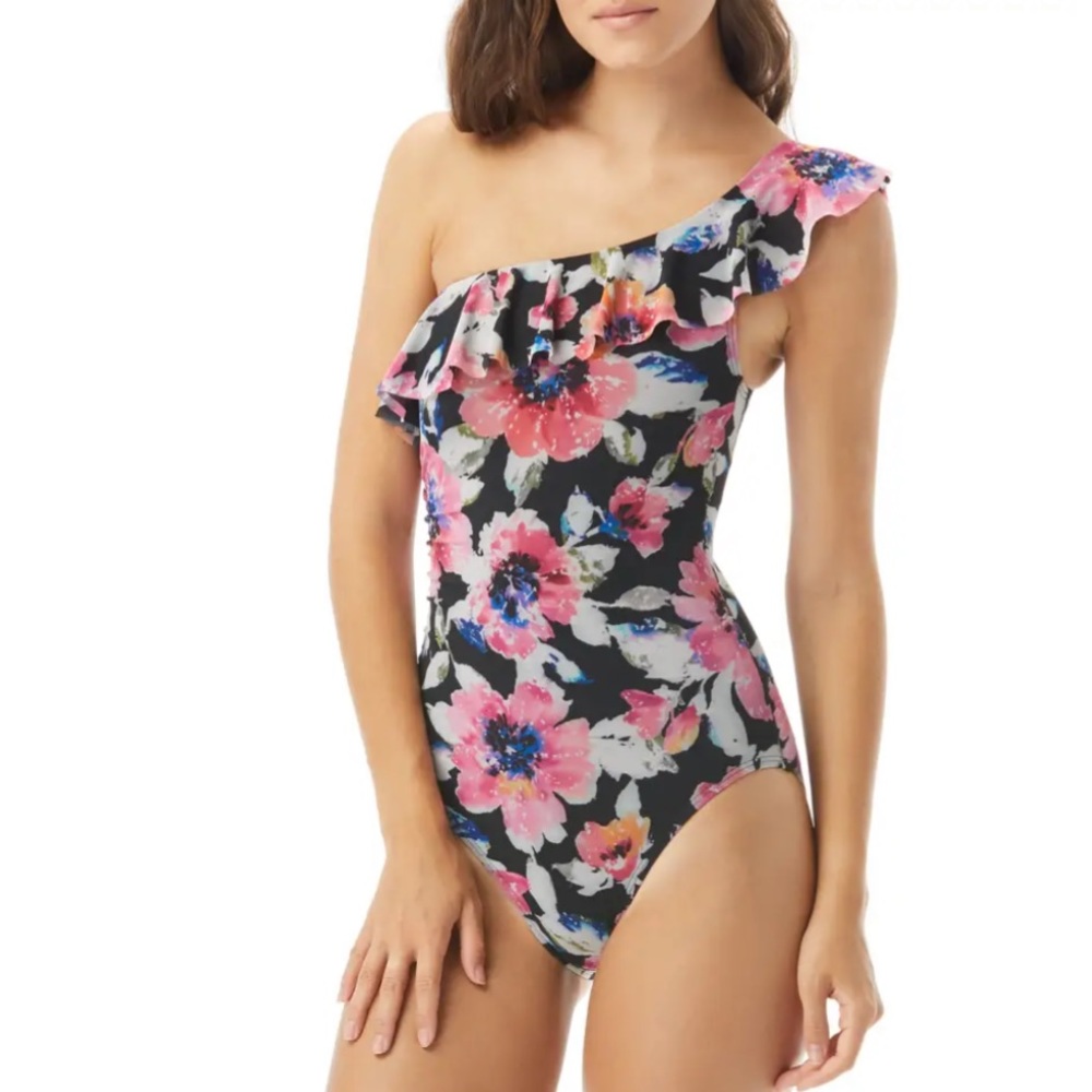 NWT CARMEN MARC VALVO One-Shoulder Ruffle One-Piece floral Swimsuit 10 New
